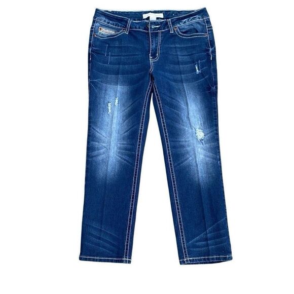 EST 1946 Denim Low Rise Crop Jeans Women’s 8 Whiskered Embellished Pocket 31x24 - Picture 2 of 8